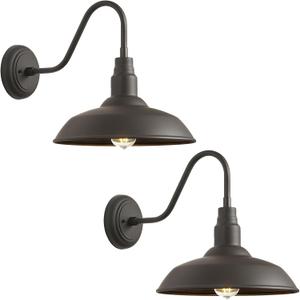 2 Pack Outdoor Barn Farmhouse Light with 14in Dome, Exterior Gooseneck Lights Fixture for House, Dark Bronze Outside Wall Mount for Porch, Patio, Entryways
