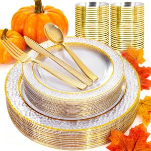 Ciaell 150PCS Clear Gold Plastic Plates - Disposable Gold Rim Plates include 25Dinner Plate, 25Dessert Plate, 25Forks, 25Knives, 25Spoons, 25Cups for Wedding & Party & Thanksgiving
