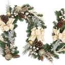 Adeeing Christmas Garland with Lights, Champagne Gold 6FT 20LED Pre-Lit Christmas Garland with Ball Ornaments, Ribbons, Pine Cones and Artificial Antlers for Door Mantle Stairs Christmas Decoration
