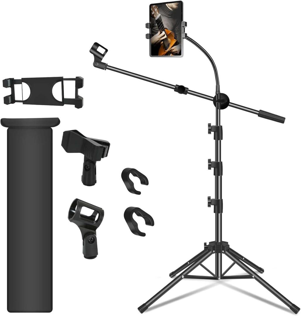 Mic Stand, Microphone Stand Floor Boom Mic Stand with Tablet Phone Holder Height Adjustable Four-legged Stand Gooseneck Boom Arm with 2 Mic Clips for Singing Stage Performance Party