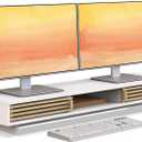 Dual Monitor Stand Riser with Sliding Door, Double Computer Laptop Stand Desk Shelf Organizer with Storage (White + Natural Bamboo, 38 Inch)