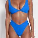 geluboao Bikini Set for Women Solid V Neck Knot Front Push Up High Leg Thong Two Piece Swimsuit (Blue, L)