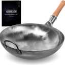 YOSUKATA 14 Round Bottom Carbon Steel Woks and Stir Fry Pans Unseasoned Pow Wok for Stir Fry, BBQ & Camping Hand-Hammered Traditional Japanese and Chinese Pan Gas Stove, Open Fire Only