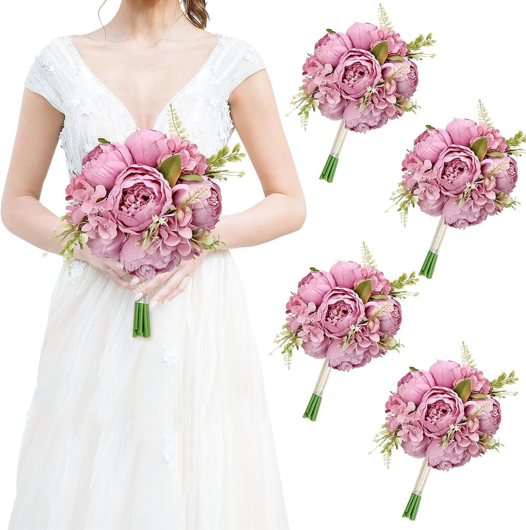 Vintage Purple Bridesmaid Bouquets for Wedding, Set of 4 Artificial Silk Peonies Flowers Bouquet for Marriage Decorations
