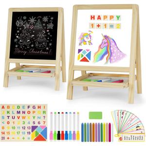 Kids Tabletop Double-Sided Wooden Art Easel - Chalkboard & Whiteboard Painting Board for Toddlers, Dry-Erase Classroom Desk Easel with Chalk, Markers, Eraser, Magnetic Letters/Numbers & Flashcards, 15.1 inches x 10.7 inches x 7.6 inches