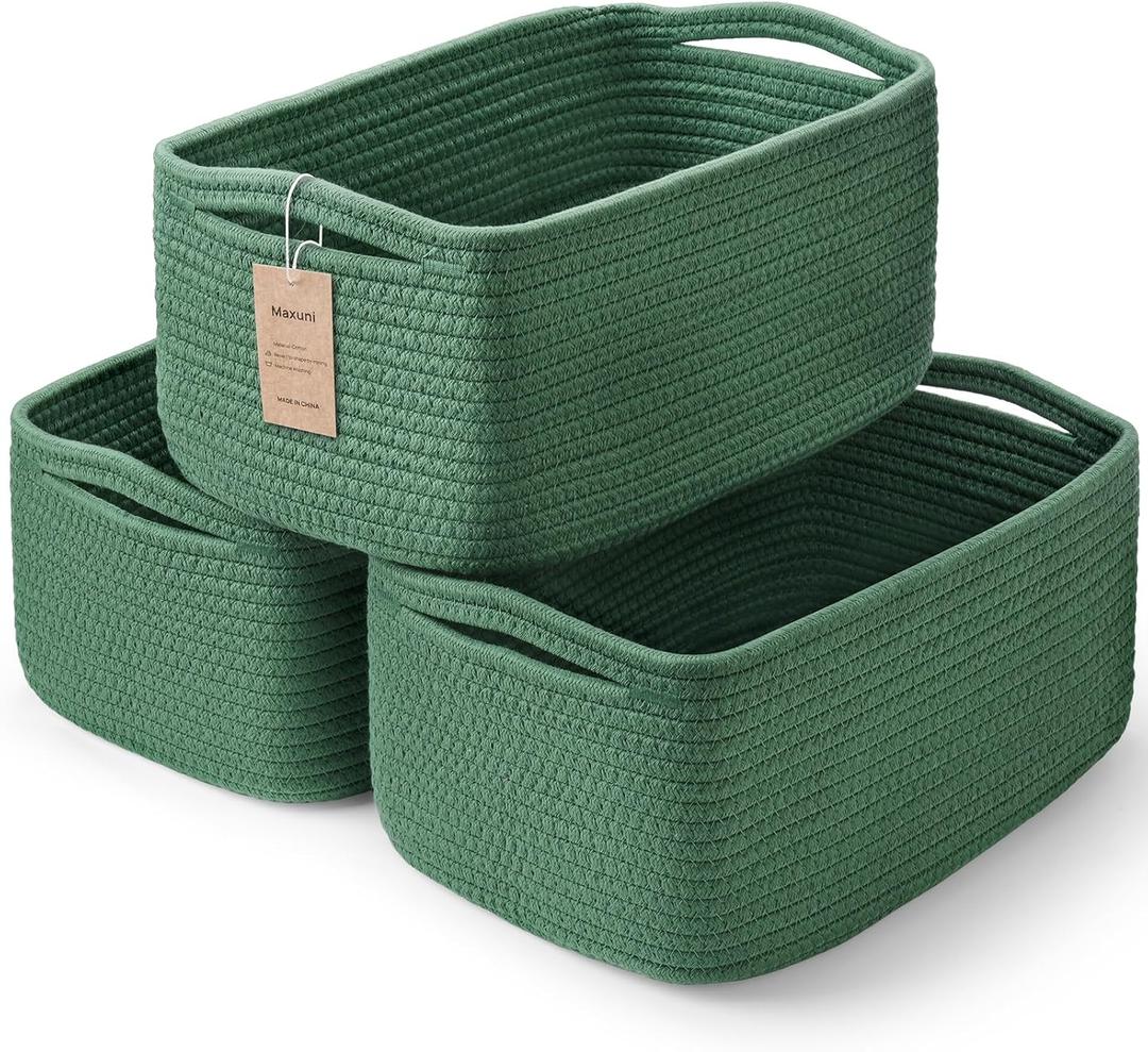 Maxuni 3-Pack Shelf Baskets for Organizing, Closet Organizer Bins, Small Woven Baskets, Rope Toy Basket, Storage Basket for Shelves, Cube Decorative Box, 11.8×7.8×5.1”, Green