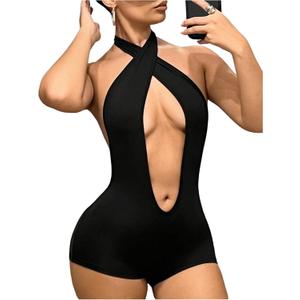 BEAUDRM Women's Cut Out Criss Cross Backless Romper Slim Fittted Halter Shorts Jumpsuit Party Club Night Outfit Black, Large