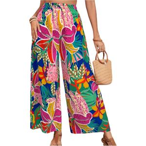 MakeMeChic Women's Plus Size Floral Palazzo Pants Elastic Waist Wide Leg Tropical Print Summer Trousers (3X-Large Plus, Royal Blue)