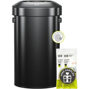 EKO 16-Gallon Round Black Stainless Steel Open Top Trash Can, Large Commercial Waste Bin with Detachable Lid and Carrying Handle, Brushed Metal Garbage Bin for Home, Office, Restaurant, Restroom