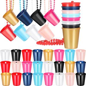 Cunno 48 Pieces Shot Glass on Necklace Plastic Shot Necklace Cup Bachelorette Glass Necklace Beaded Bride and Groom Supplies for Birthday Wedding Festival Parade Party Favor, 8 Colors