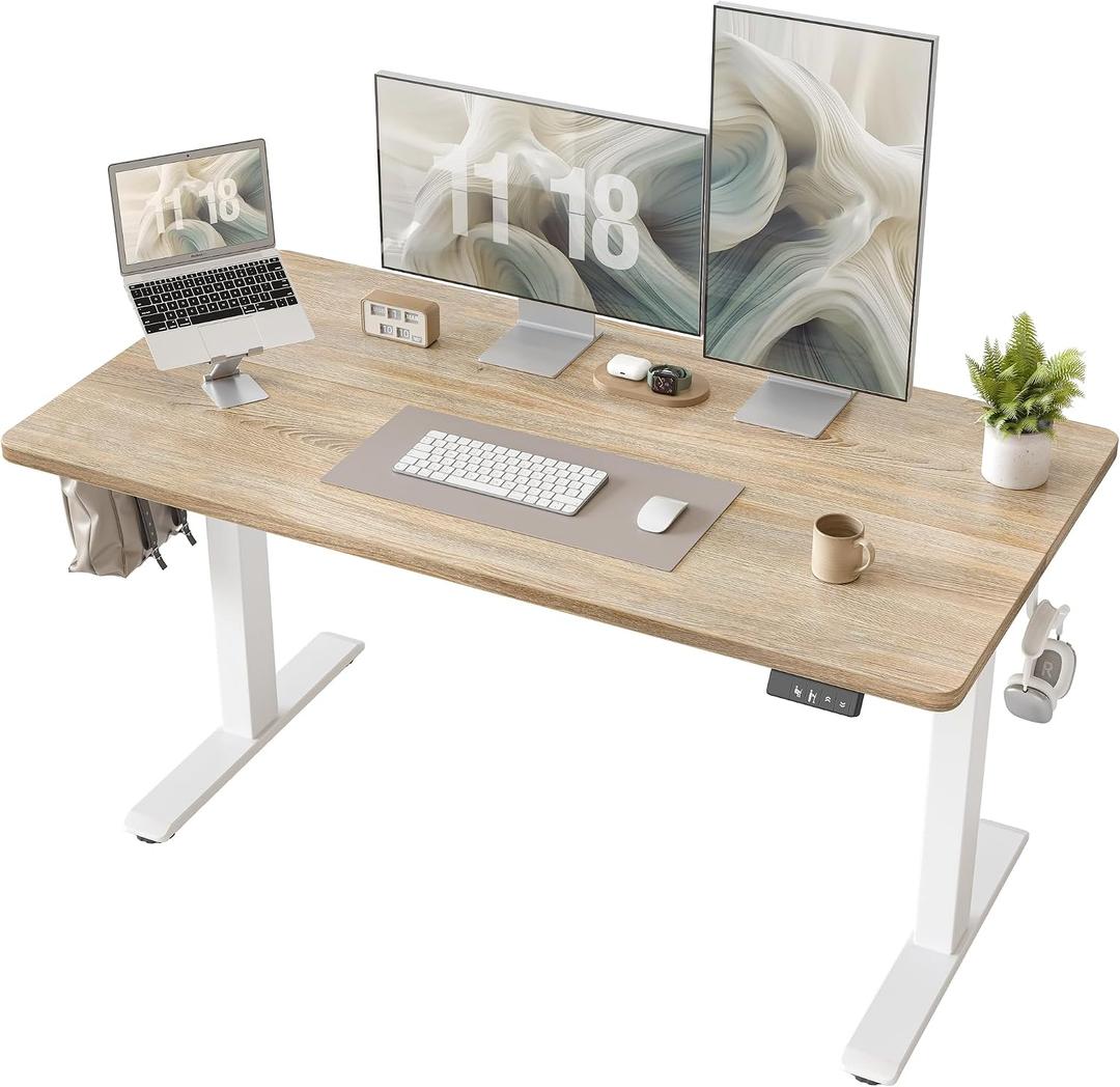 TIQLAB Electric Height Adjustable Standing Desk 47.223.6 inch, Sit Stand Desk with Splice Board, Memory Controller, White Frame & Maple Top Computer Workstation for Home Office