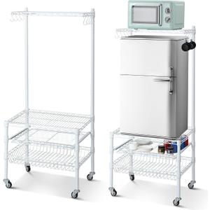 1 Pcs Portable Mini Fridge Organizer Shelf with Wheels & 8 S Hooks, Mini Fridge Storage Stand, Microwave Stand for Dorm Room, Apartment & Kitchen, Compact Shelving for Small Space, White