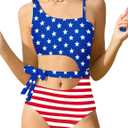 Girls One Piece Swimsuits One Shoulder Stripe Bathing Suit with Ruffle Mesh Skirt Side Tie Cut Out Swimwear (9-10 Years, Red White Blue#4th of July)