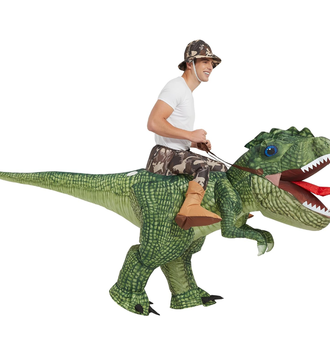 One Casa Inflatable Costume Dinosaur Riding T Rex Air Blow up Funny Party Halloween Costume for Adult One Size