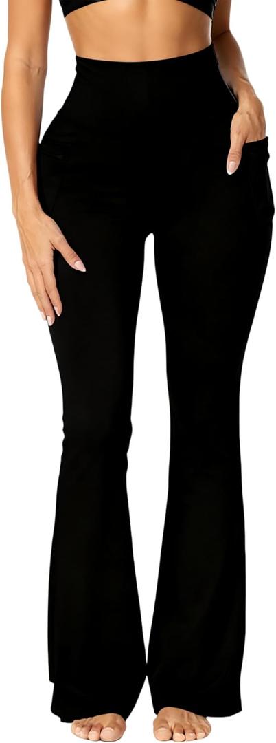 Sunzel Sunzfly Women's Mini Flare Leggings with Pockets High Waisted Tummy Control Yoga Pants Bootcut Workout Gym Casual 34" Black Small