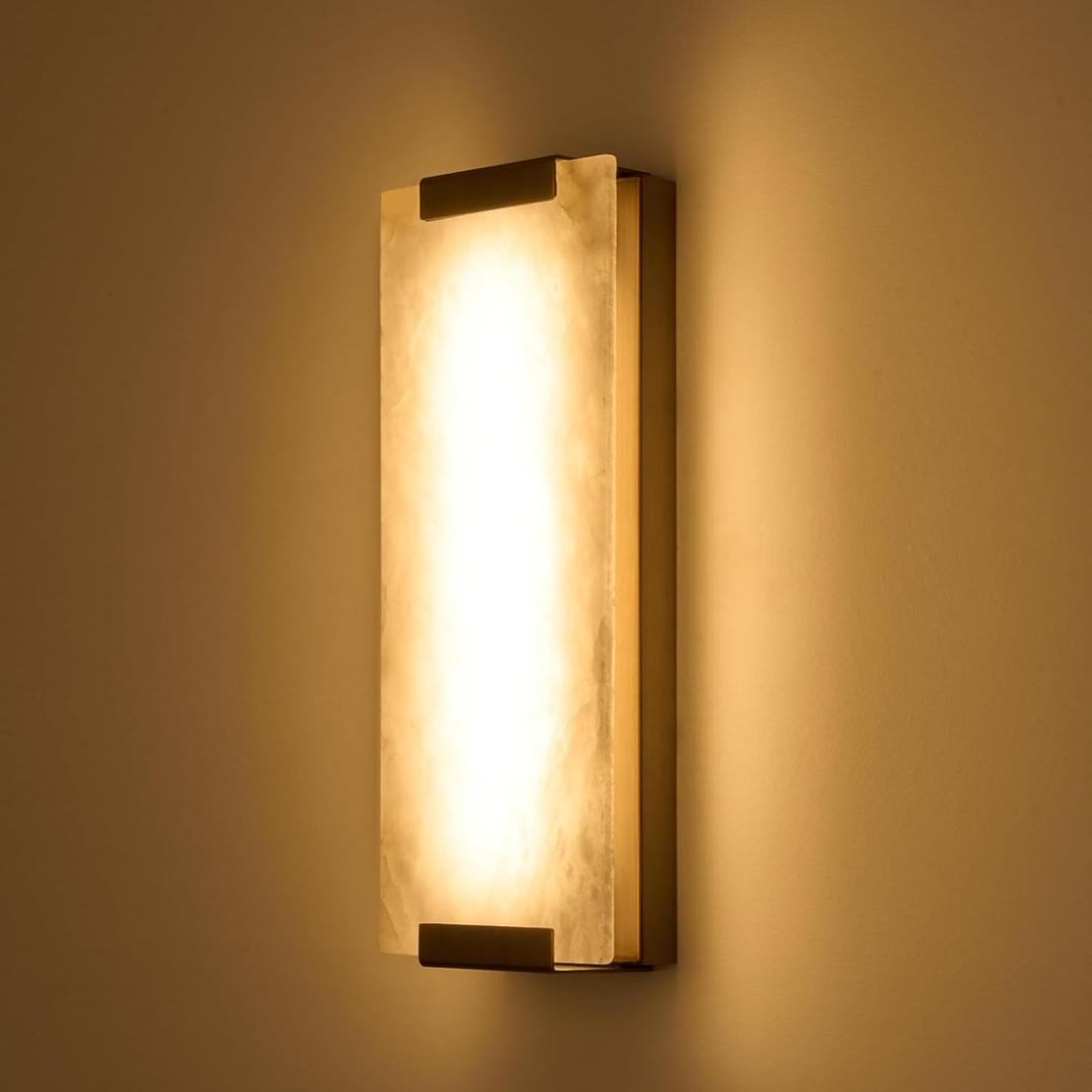14.2in Alabaster Wall Sconce, Large Natural Marble Wall Light Decor, LED Modern Wall Lamp for Bedroom, Stairs, Living Room, Vanity, Bedside, Hallway (Brushed Bronze 12W)