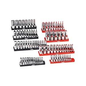 VEVOR Socket Organizer Set, 8PCS High-Rod Socket Holder, 1/ 4'', 3/ 8'' & 1/ 2'' Metric SAE Socket Trays with Clear Labels, Hold up to 176PCS Standard & Deep Sockets, Black & Red (Socket Not Included)