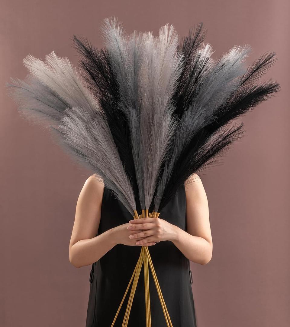 SeptCat 9 Pcs 45" Faux Dried Pampas Grass Tall Decor, Fluffy Fake Long Pompas Artificial Black Grey Gray Pompous Stems Bouquet Flower Arrangement Vase Filler for Boho Home Wedding Decoration