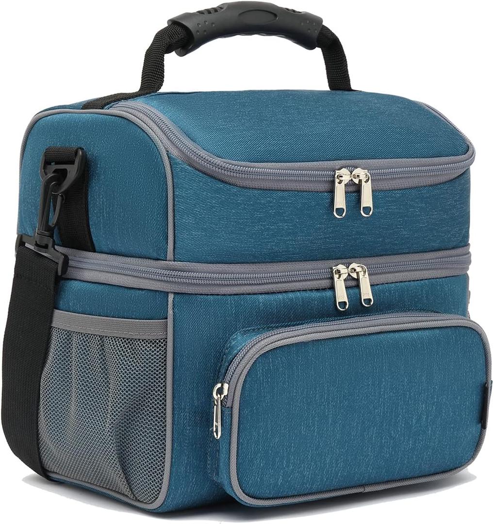 FlowFly Double Layer Cooler Insulated Lunch Bag Adult Lunch Box Large Tote Bag for Men, Women, With Adjustable Strap,Front Pocket and Dual Large Mesh Side Pockets (Lake Blue)