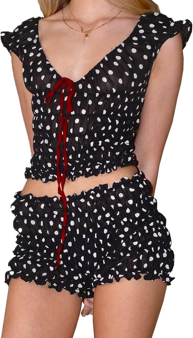 RUEWEY Women Polka Dot Pajamas Set Scoop Neck Cami Top Smocked Ruffle Shorts 2 Piece Lounge Set Sleepwear (Small, Black)