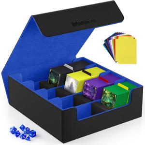 Mlikero Card Deck Case, 2400+ Trading Card Storage Box with 10 Colorful Dividers and 4 Foam Stoppers, Leather Magnetic Closure Commander Deck Box Fit for MTG, TCG (4 Rows, Black&Blue)