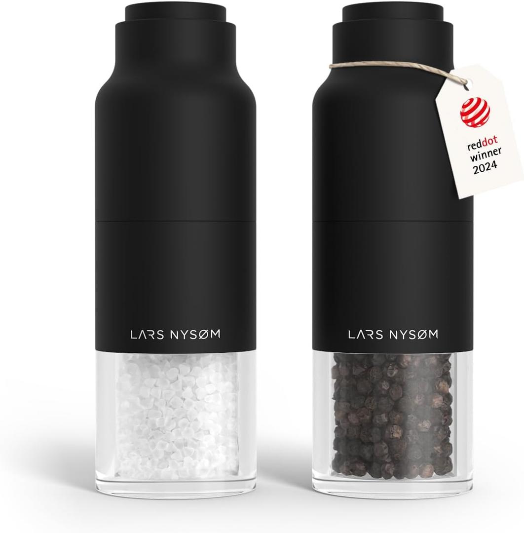 LARS NYSM Salt and Pepper Grinder Set, Stainless Steel Manual Salt and Pepper Mills, Adjustable Ceramic Grinder, Design Spice Shakers (Black)