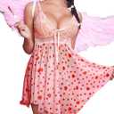 Avidlove Women Lingerie Lace Babydoll Mesh Nightgown Chemise Boudoir Nighty Sleepwear (Small, Pink Heart)