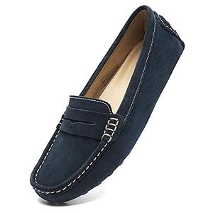 Osslue Women's Blue Suede Leather Casual Penny Loafers Retro Ladies Moccasins Driving Mocs Comfort Slip-On Fashion Boat Shoes Classic Flats 8 M US XYM-1208-LAN080