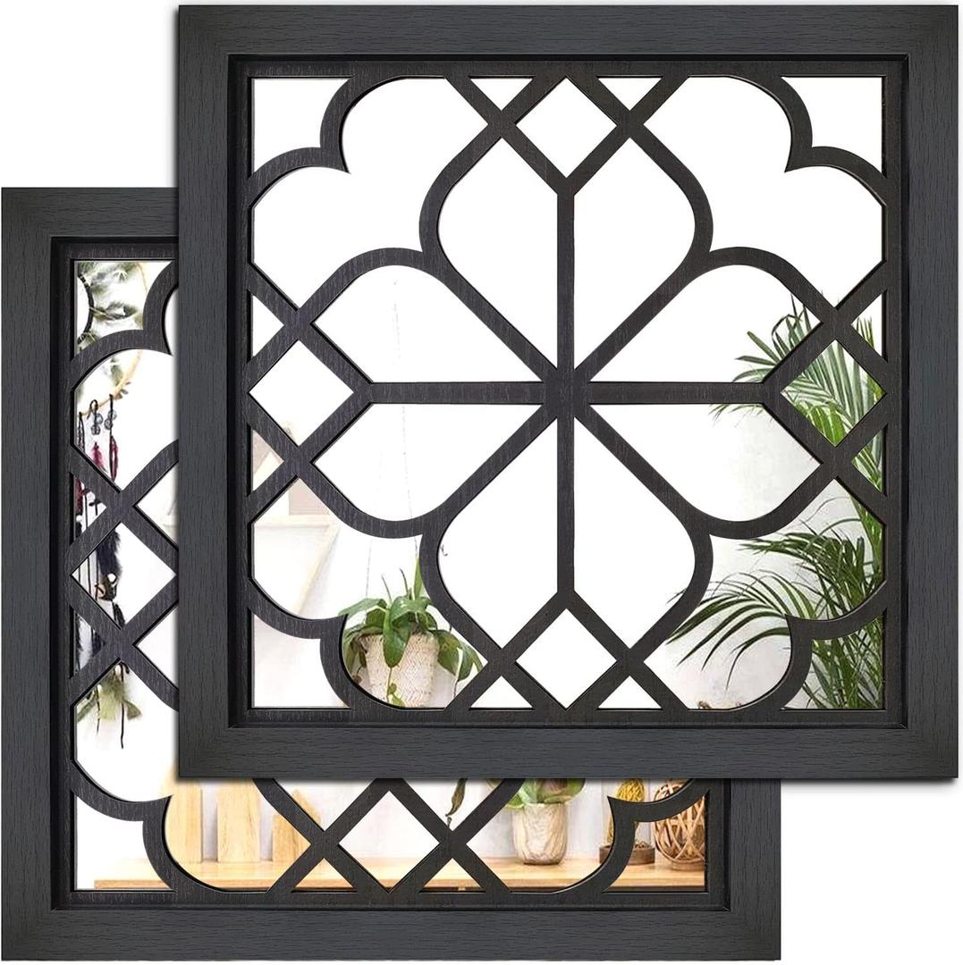 Wocred 2 PCS Square Wall Mirror,Gorgeous Rustic Farmhouse Accent Mirror,Black Entry Mirror for Bathroom Renovation,Bedrooms,Living Rooms and More(12x12)