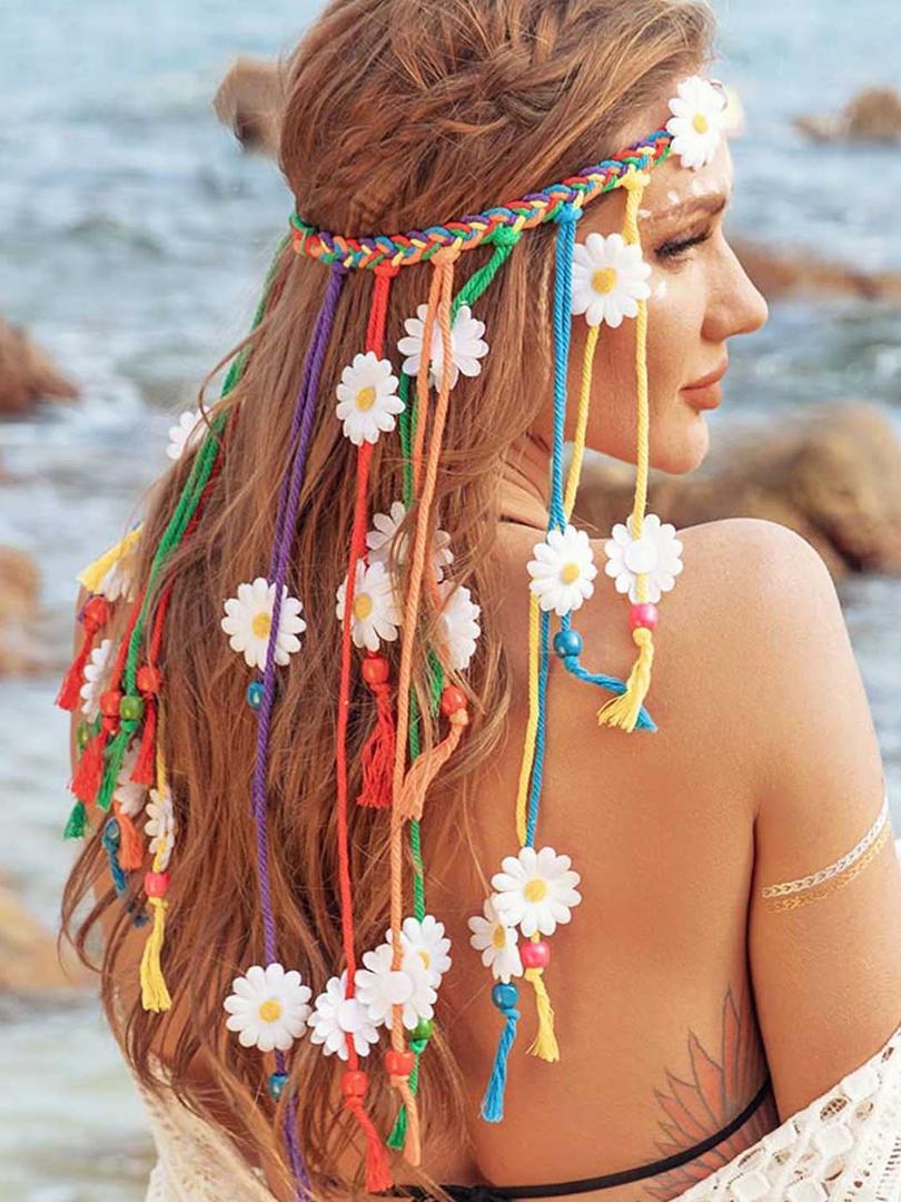 Boho Daisy Headband Rainbow Braided Headpiece Summer Beach Tassel Hairband Floral Hippie Hair Accessories for Women (Multi-colored)