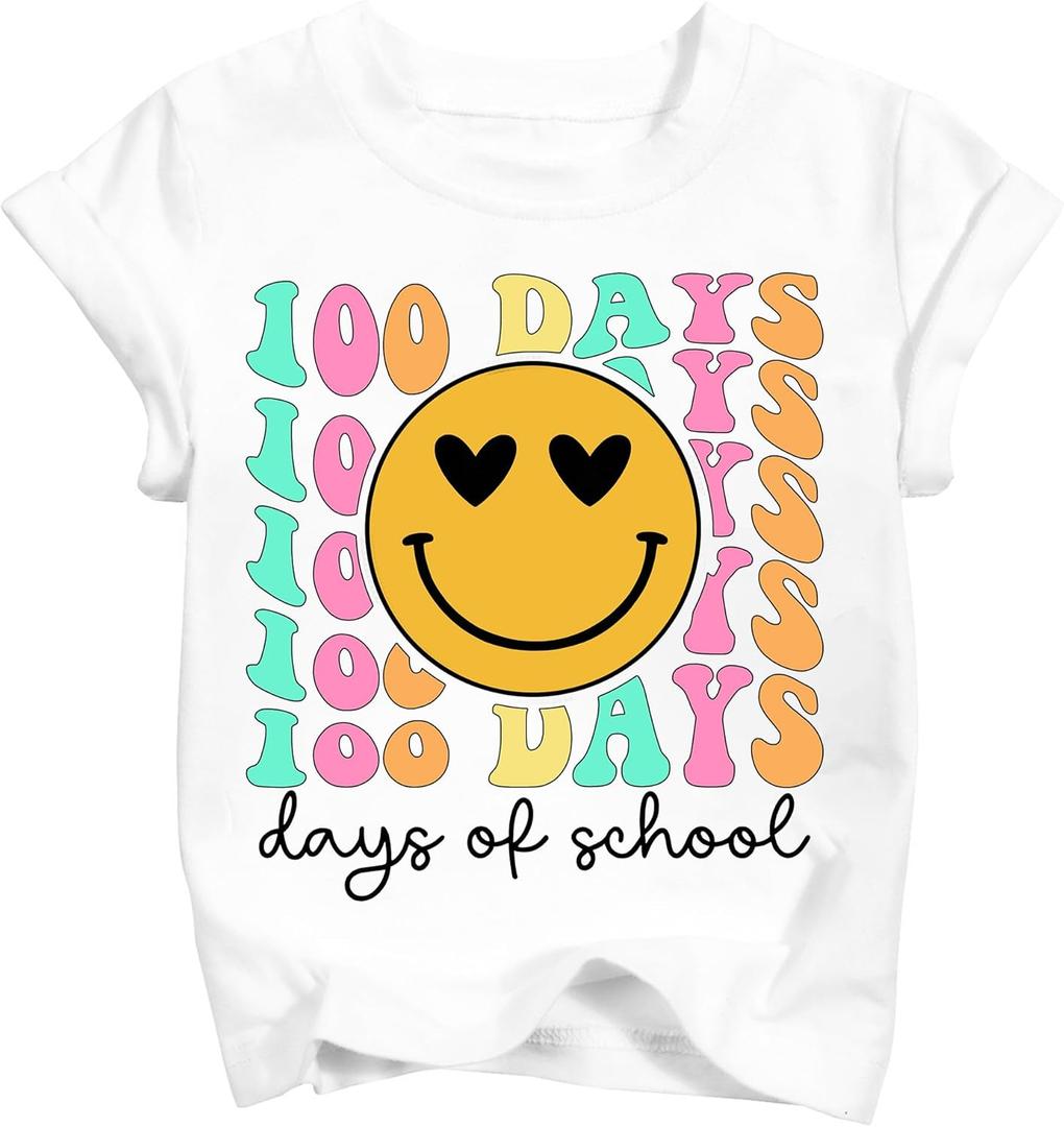 Boys Girls 100 Days of School Shirt Kids Happy 100th Day of School T-Shirts Toddler Graphic Tee Tops 2026 (3T-10T) (White)