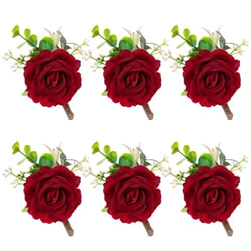 Gvhntk Ivory Rose Boutonniere for Men Wedding Set of 5 Groom Groomsmen Best Man Artificial Flowers Boutonniere for Wedding Ceremony Anniversary Prom Flowers Formal Dinner Party (6, Red, Middle)