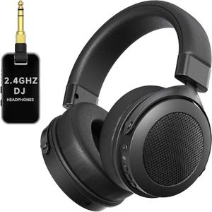 2.4GHz Wireless Headphones for Bass Guitar, 20ms Low Latency, Wireless Over Ear Headphones with 6.35mm & 3.5mm Jack for Studio Monitor & Mixing DJ AMP Keyboard, Pure Black