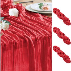 Wokceer Cheesecloth Table Runner 3Pack 10FT Red Boho Gauze Christmas Cheese Cloth Table Runner for Party Easter Rustic Sheer Table Runners for Baby Bridal Shower Wedding Table Decor, Red