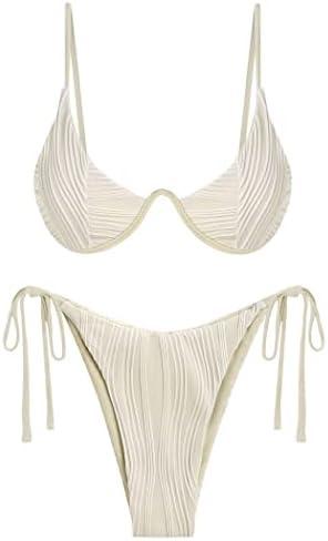 ZAFUL Women's Bikini Sets Ribbed Two Piece Swimsuits Underwire Adjustable Back Clasp Bathing Suit Side Tie Thong Swimwear Size S, Beige