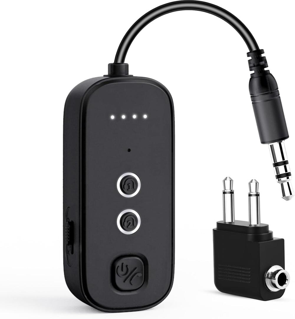 Bluetooth Transmitter Receiver with Airplane Adapter: Wireless Audio Transmitter for 2 AirPods/Headphones - 20+ Hr Battery Works USB Charging with 3.5mm Jack AUX for Flight,Gym,Car,TV,Tablet,Travel