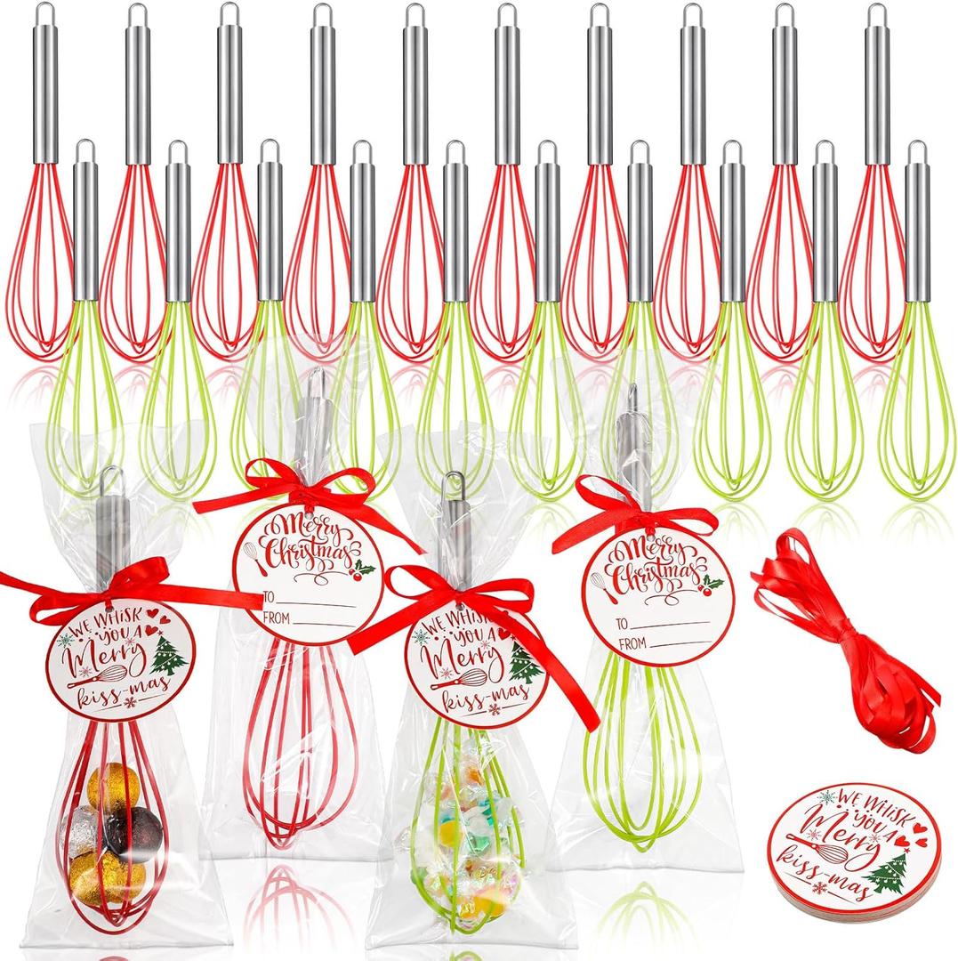 24 Sets 10 Inch Christmas Whisks Gifts DIY Fillable Christmas Tree Ornaments Xmas Colored Silicone Whisks for Cooking Heat Resistant Egg Beaters with Card Rope Bag for Candy Holder