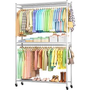 Sakugi Clothes Rack - 45.2" x 12.2" x 79.5" Clothing Rack with Shelves & Wheels, Multi-Functional Wardrobe Closet with Hooks, Sturdy Metal Garment Rack for Bedroom, Laundry, Balcony (White)