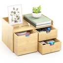 Wisuce Desk Organizer with Drawers - Bamboo Desktop Organizer Storage-Natural Wood Desk Drawers Organizer for Bills, Office Supplies, Cosmetics, Seals No Assembly Required(2 drawers with Shelf)