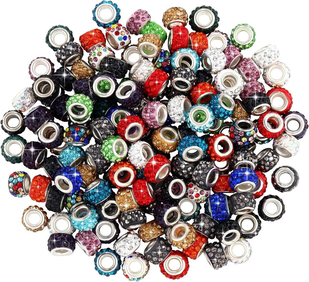 Hicarer 200 pcs 11mm Rhinestone European Beads Diamond Crystal Large Hole Spacer Beads for DIY Rondelle Charm Bracelet Hair Chain Decor Supplies(Mixed Colors)