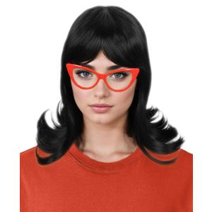 Short Black Flip Bob Wigs Halloween Costume Cosplay Wig for Women with Red Glasses Frame