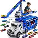 Truck Toys for Kids, Transport Vehicle with 12 Die-Cast Car, Double Race Car Track Cars Ramp Toy, Carrier Truck for Toddler 3-5, Christmas Birthday Gift for 3 4 5 6 7 8 Years Old Boys Girls