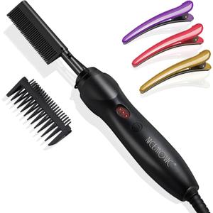NICEMOVIC Ceramic Heating Hair Straightener Comb - Hot Pressing Brush for Natural Black Hair, Beard Wigs, and Curling (Black)