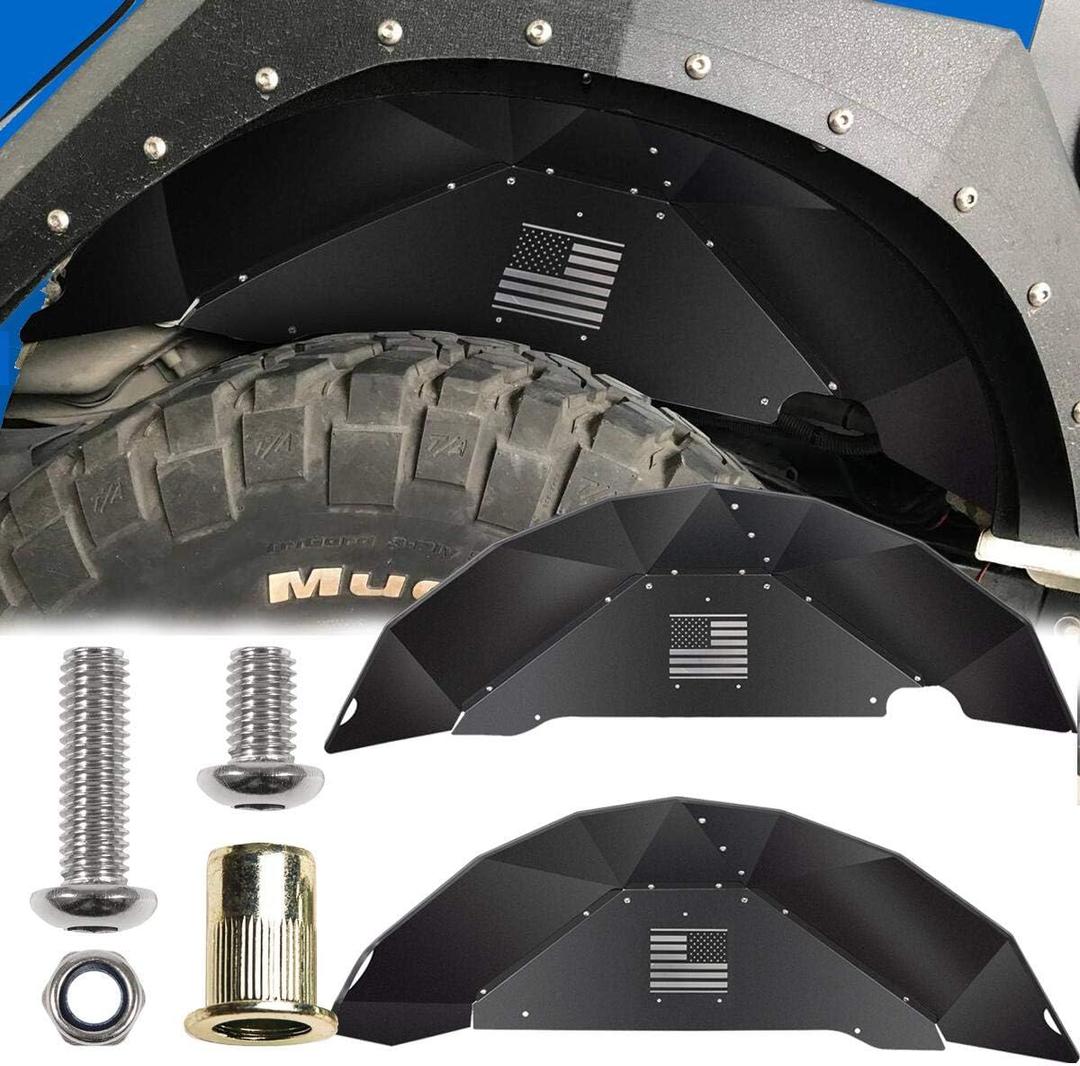 Aluminum Rear Inner Fender Liner Compatible with 2007-2018 Wrangler JK JKU, US Flag Pattern, Great Fitting&Easy to Install, JK Accessories, Black 2PCS