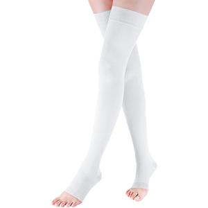 Lin Performance 15-20 mmHg Medical Compression Stockings for Women & Men, Thigh High Dot-Top Open Toe, Leg Support for Daily & Travel Comfort (White,XL)