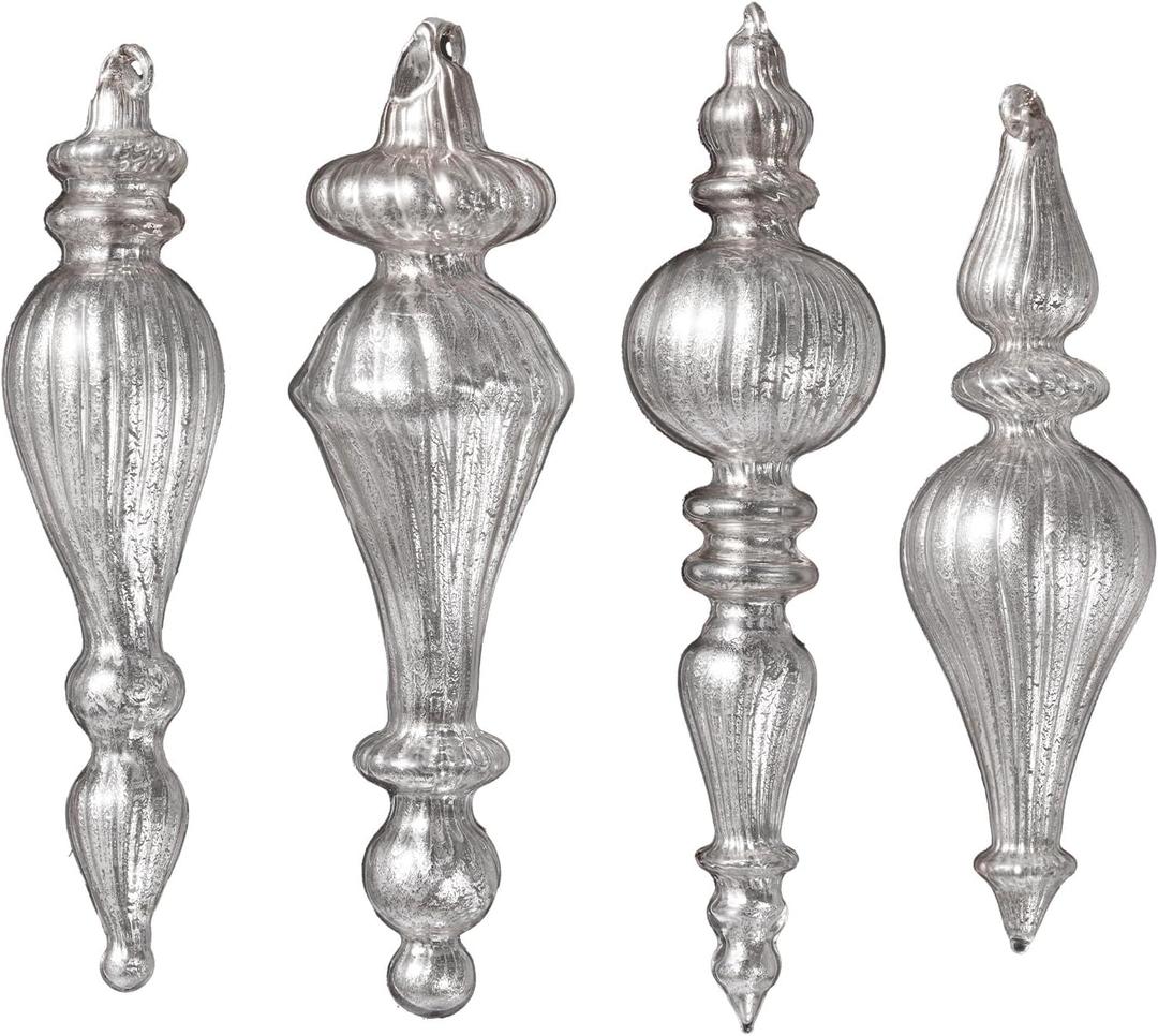 DN DECONATION Mercury Glass Finial Christmas Ornaments, Large Hanging Teardrop Ornament, Shiny Ball Ornaments for Xmas Tree, Winter Wedding, Party, Holiday Home (4-Pieces, Silver) (Set of 4)