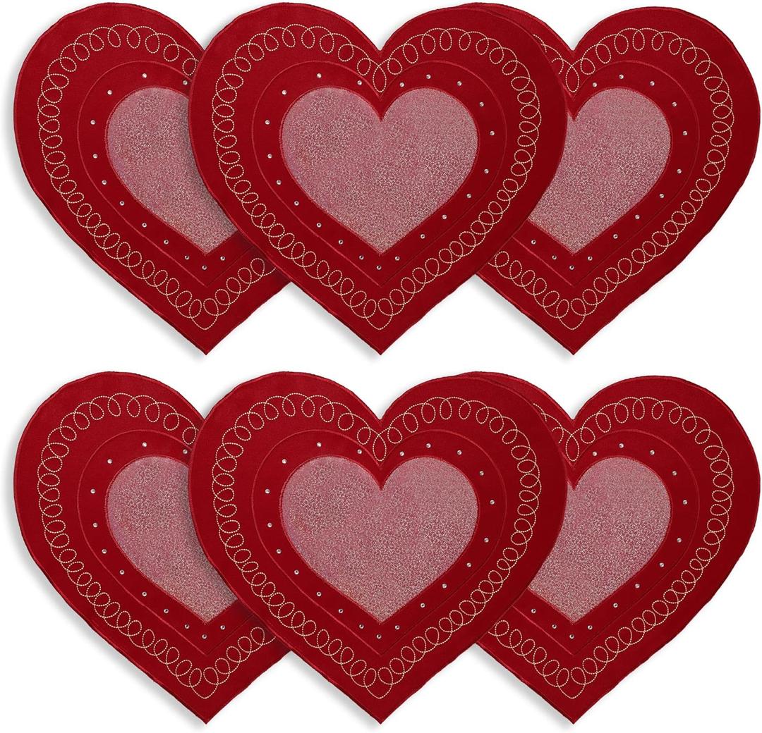 OWENIE Valentine's Day Heart Placemats Set of 6, Embroidered Red Gillter Heart with Sequins Valentine's Table Mats, and Wedding Table Decor,13.5 x 15, Red
