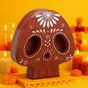 Day of the Dead Mexican Skull Figurines7.9 Inch Resin Skull Decor Dia De Los Muertos Statue Terracotta Floral Tiered Tray Decor Table Centerpiece for Halloween Desk Mantel Home Decoration Gifts