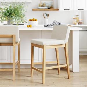 Nathan James Gracie Modern Counter Height Bar Stool with Back, Counter Stool Upholstered Chair with Natural Textured Linen and Brushed Wooden Legs, Cream Boucle/Light Brown, Counter Height - Single