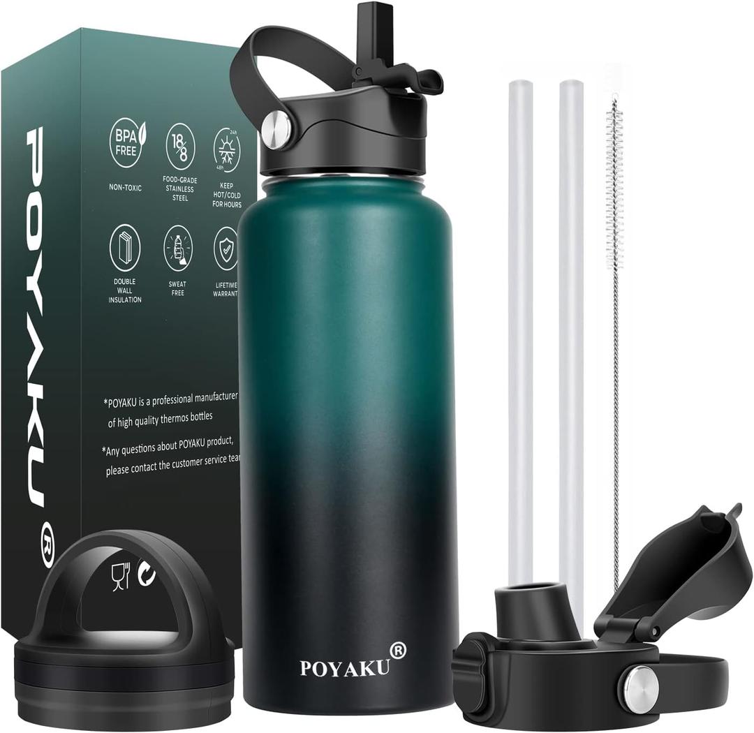 Water Bottle Insulated 32oz Straw Lid Spout Lid & 3 Lids, Leak Proof, Vacuum Insulated, Stainless Steel Water Bottle Wide Mouth for Sports, Gym or Office (Indigo Crush)